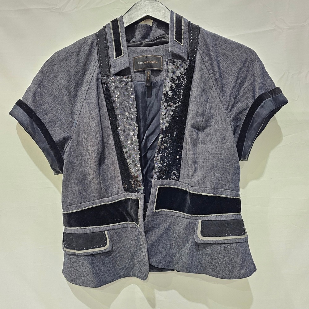 BCBGMAXAZRIA Large Structured Sequin Velvet Trim Peplum Jacket Gray Vintage Y2K